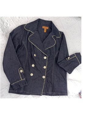 Dark Denim Double-Breasted Jean Jacket with Contrast Stitching